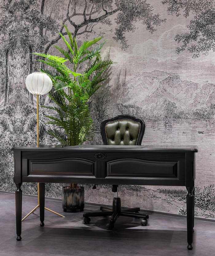 Vintage room with black table and stool near potted plant and wall near floor lamp